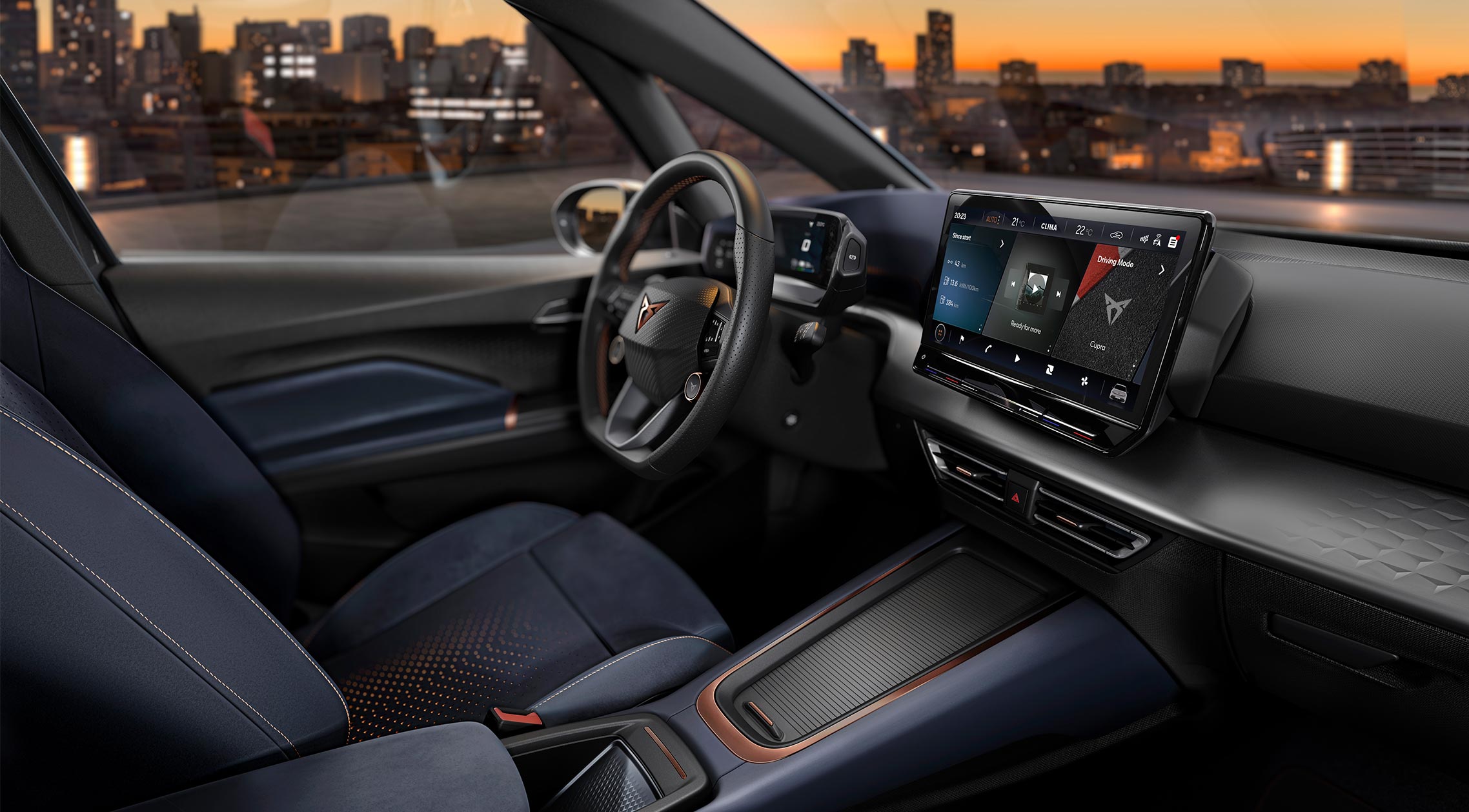 CUPRA Born interior overview in Dynamica Blue upholstery CUPRA Born interior overview in Dynamica Blue upholstery