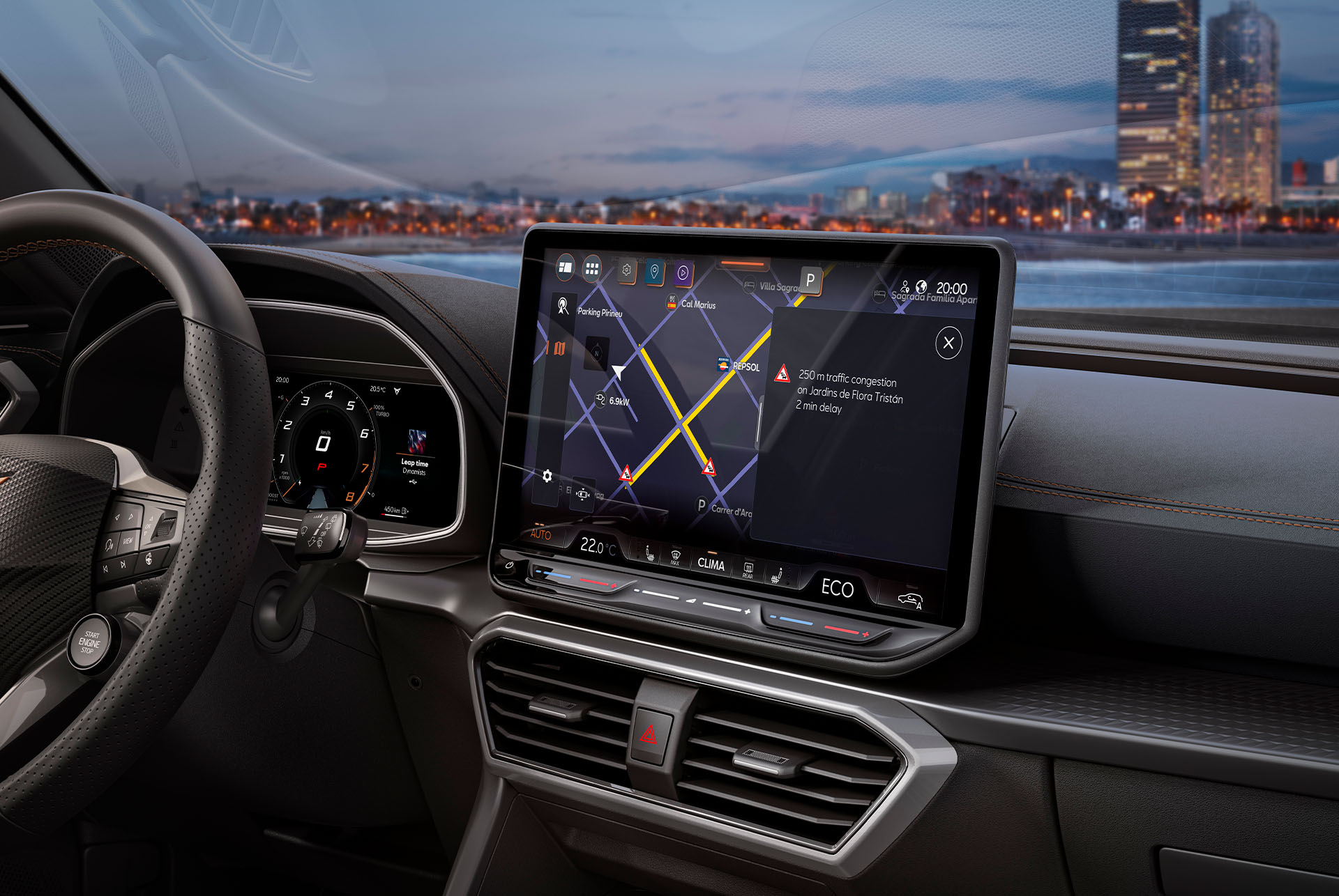 Close up of the new CUPRA Formentor's 2025 interior, infotainment system, dashboard, air vent and wheel.