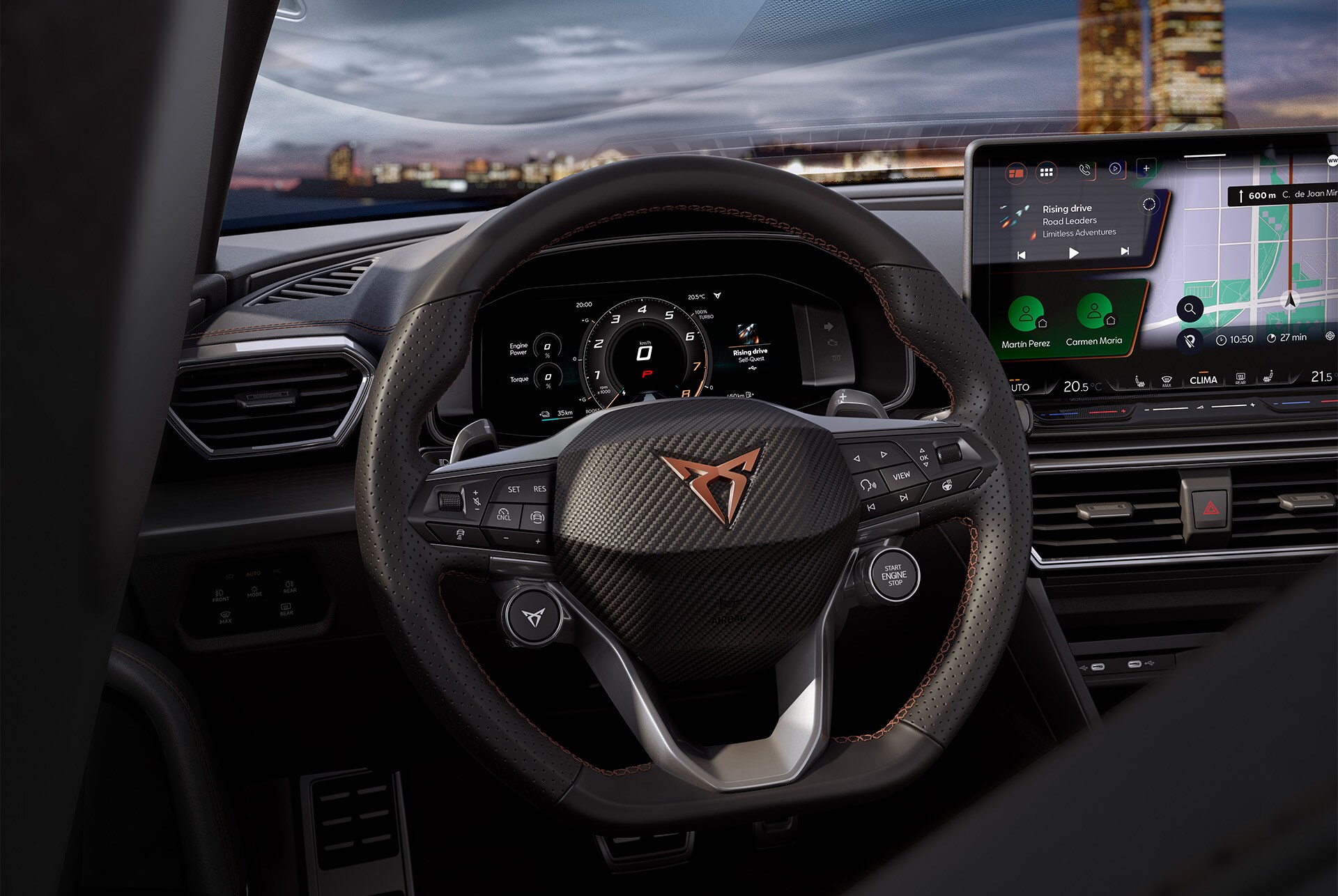 new cupra leon 2025 intelligent drive steering wheel with satellite controls,  safety technology advanced assistance systems, adaptive cruise control, lane keeping and live dynamic road sign display.